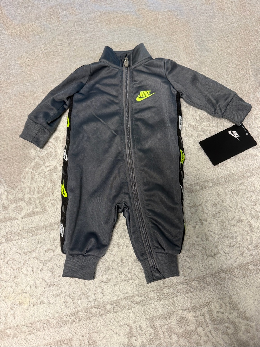 Nike Gray One-Piece Footie with Neon Green Swoosh